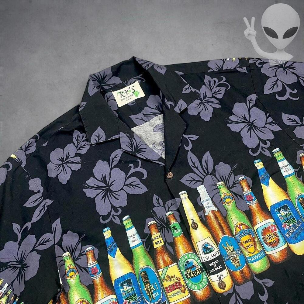 KY'S Hawaiian Shirt Large Black Hibiscus Beer Bottle Border Aloha Print - Picture 2 of 4
